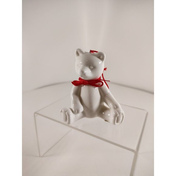 Department 56 White bone china Teddy Bear Christmas Hanging Ornament Red Bow 3" - Picture 1 of 5